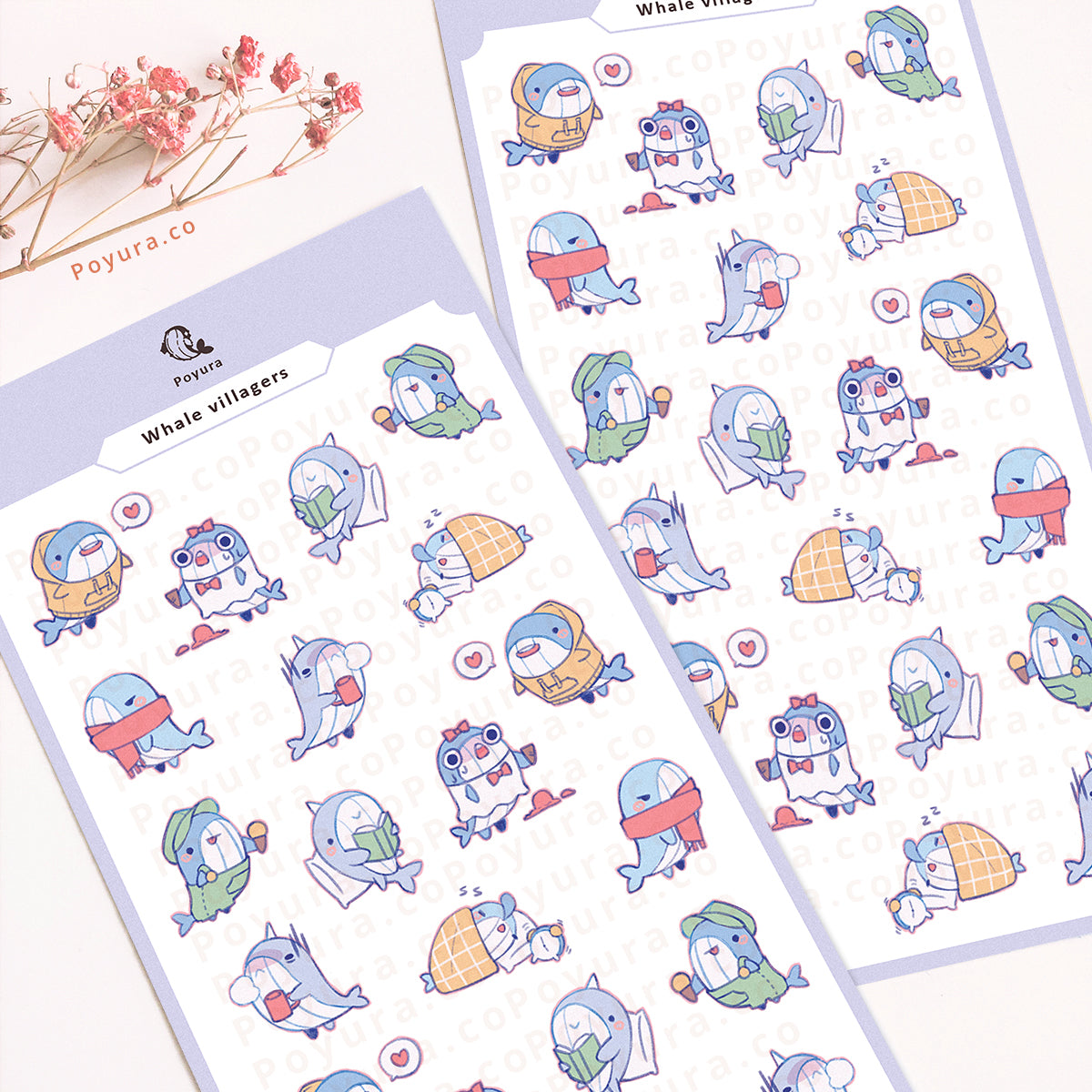 Sticker sheet of whales doing daily things like reading a book, sleeping, wearing a scarf and sweater, and drinking morning coffee.