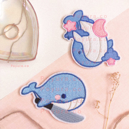 Set of two blue whale iron on embroidery patch