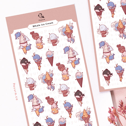 Sticker sheet of cute humpback, beluga, and killer whale on an ice cream cone