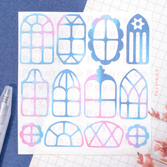 Borderless sticker with cutouts of window frames in different blue and purple tints