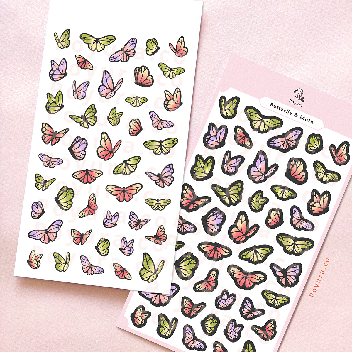 Sticker sheet of butterflies and moths. There are pink, purple, and green butterflies.