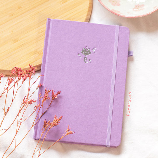Lavender Pink bullet journal with dotted pages, two ribon bookmarks, and a back pocket